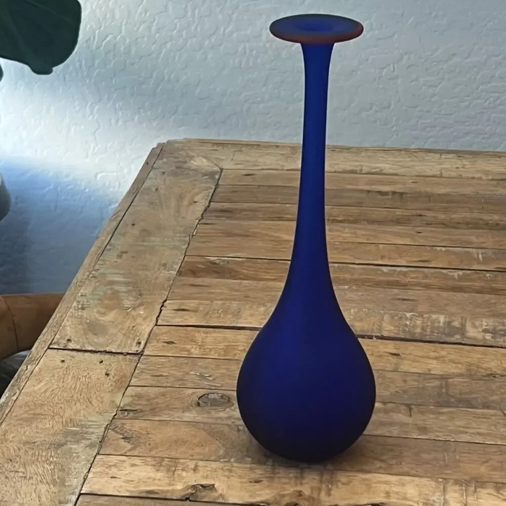 Moretti Style Satin Art Glass Blue Onion Vase 12.25